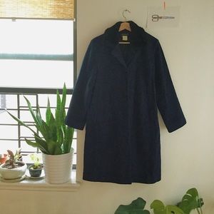 Navy mid-length winter coat, black faux fur collar